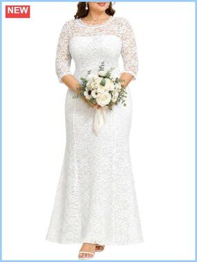 Plus Size Lace Mermaid Wedding Dress Formal Evening Gown 3/4 Sleeve